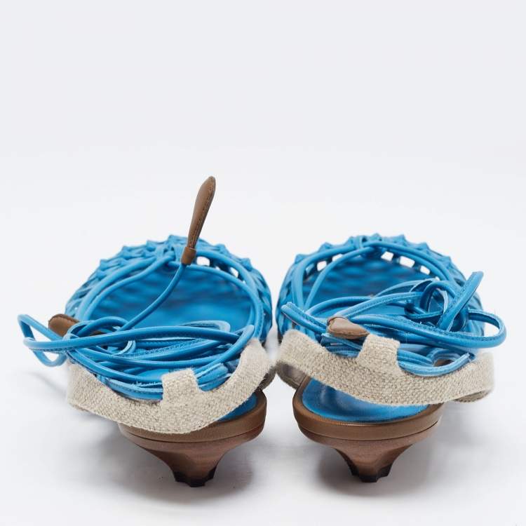 Pre Owned Bottega Veneta Blue Leather Ankle Strap Lace Up Sandals Size 38.5