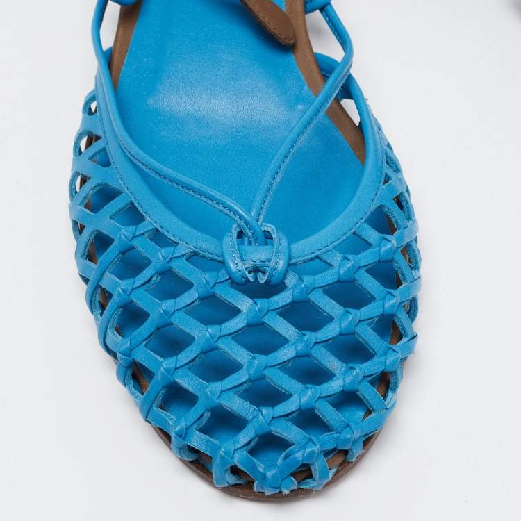 Pre Owned Bottega Veneta Blue Leather Ankle Strap Lace Up Sandals Size 38.5