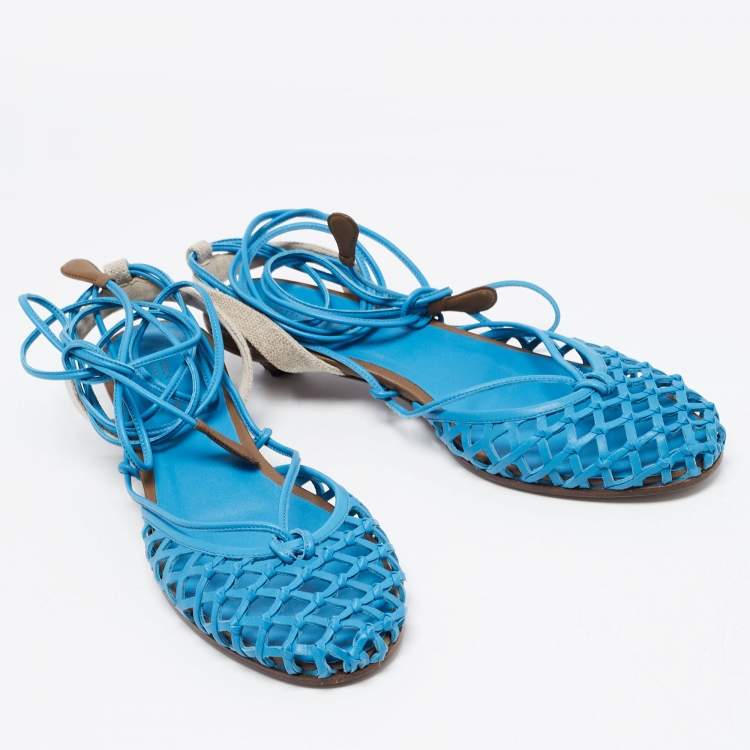 Pre Owned Bottega Veneta Blue Leather Ankle Strap Lace Up Sandals Size 38.5
