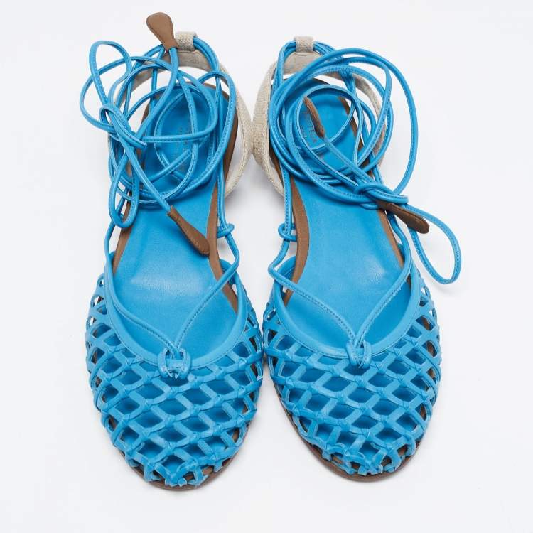 Pre Owned Bottega Veneta Blue Leather Ankle Strap Lace Up Sandals Size 38.5