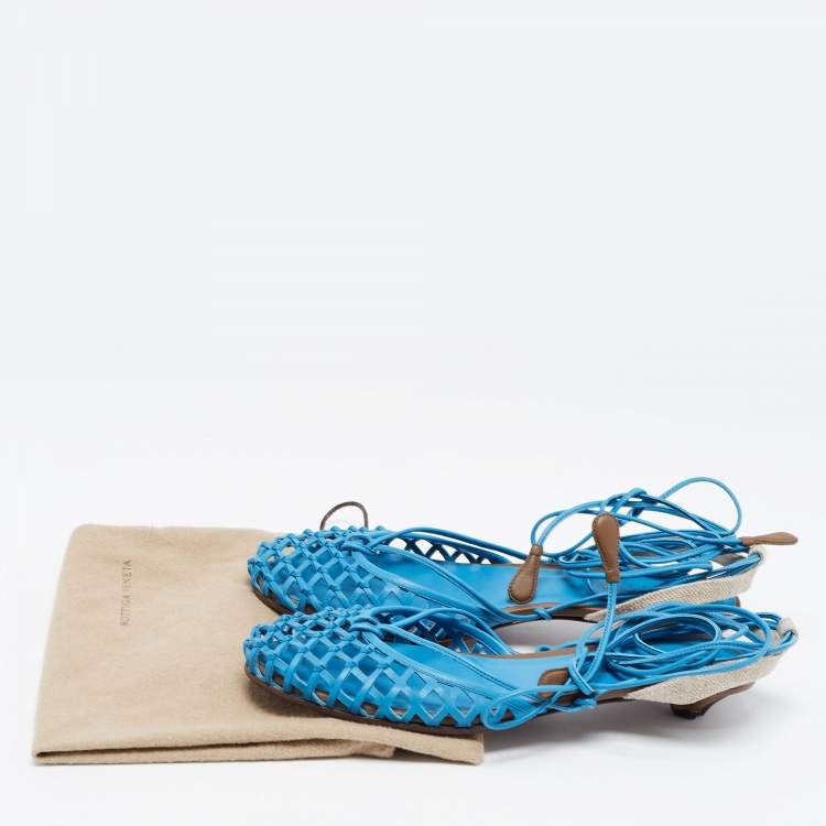 Pre Owned Bottega Veneta Blue Leather Ankle Strap Lace Up Sandals Size 38.5