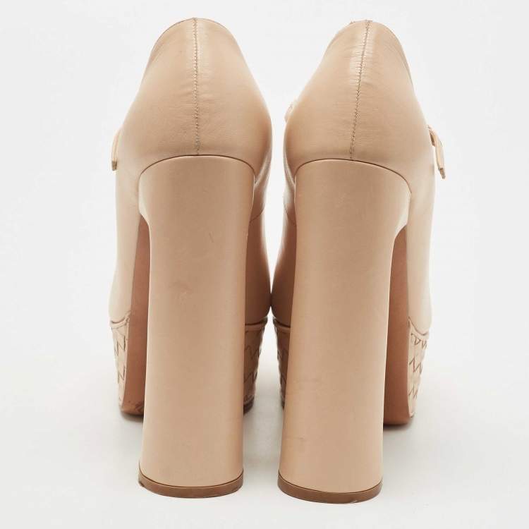 Pre Owned Bottega Veneta Beige Leather Mary Jane Pumps Size 38.5