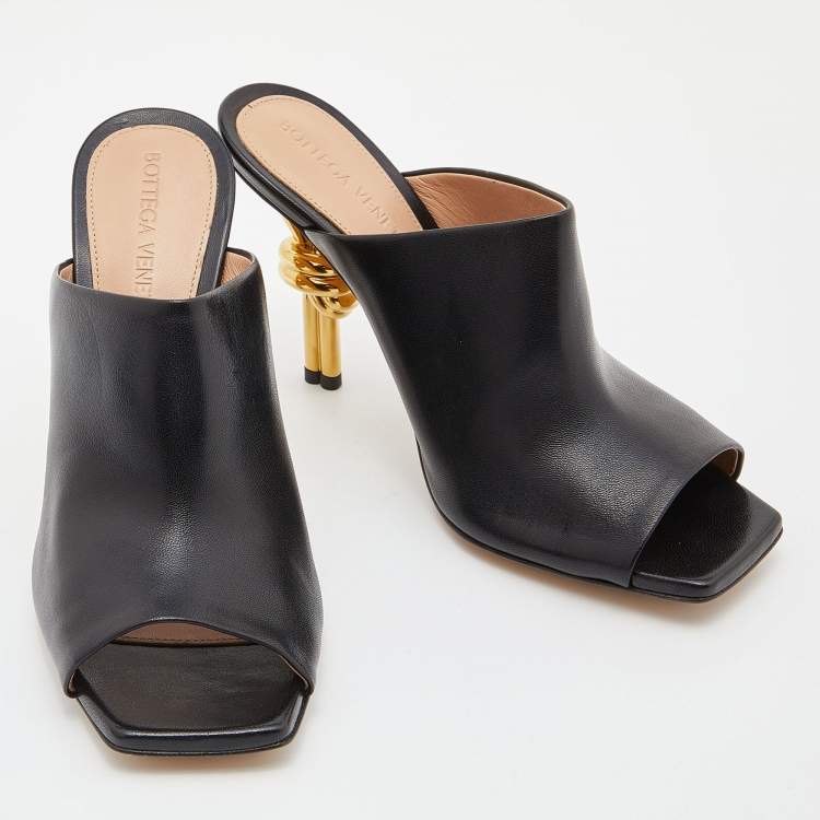 Pre Owned Bottega Veneta Black Leather Knot Heel Mules Size 36