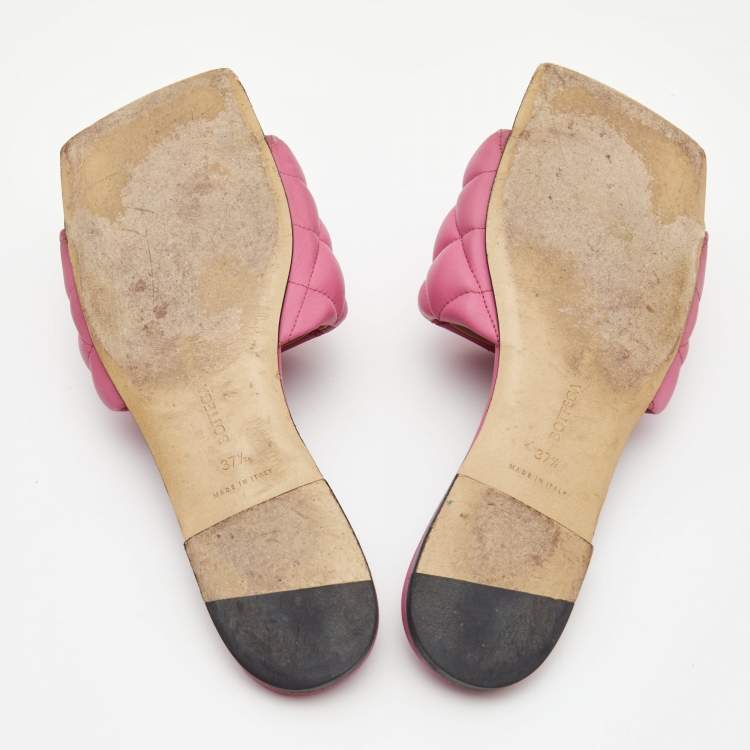 Pre Owned Bottega Veneta Pink Quilted Leather Flat Slides Size 37.5