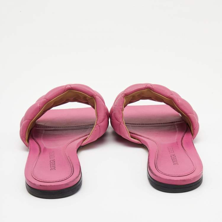 Pre Owned Bottega Veneta Pink Quilted Leather Flat Slides Size 37.5