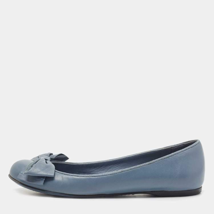 Pre Owned Bottega Veneta Blue Leather Bow Ballet Flats Size 36