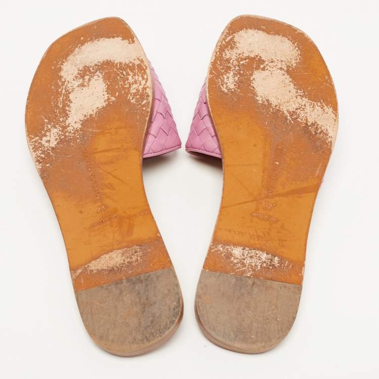 Pre Owned Bottega Veneta Purple Leather Intrecciato Flat Slides Size 40