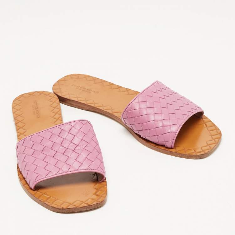 Pre Owned Bottega Veneta Purple Leather Intrecciato Flat Slides Size 40