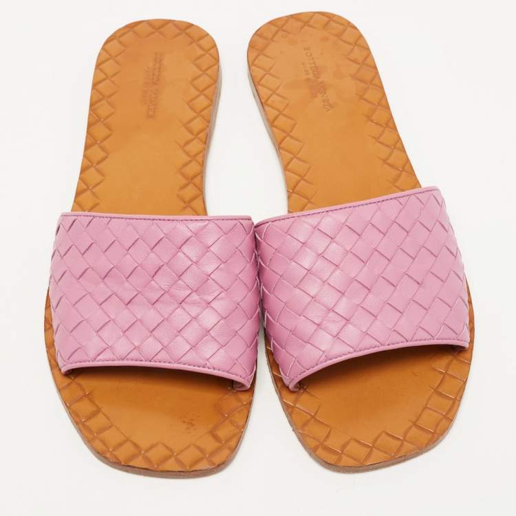 Pre Owned Bottega Veneta Purple Leather Intrecciato Flat Slides Size 40