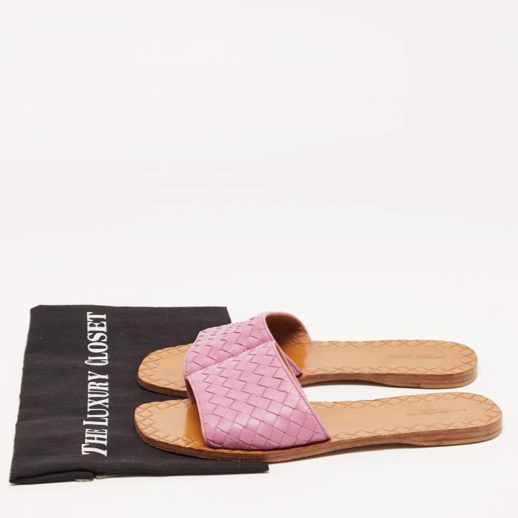 Pre Owned Bottega Veneta Purple Leather Intrecciato Flat Slides Size 40