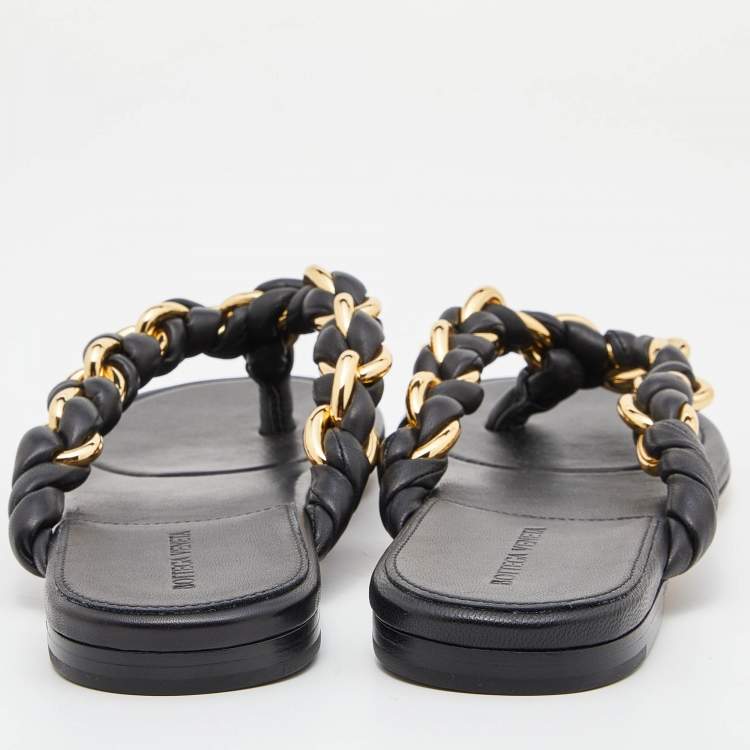 Pre Owned Bottega Veneta Black Leather Dot 55 Thong Flats Size 40