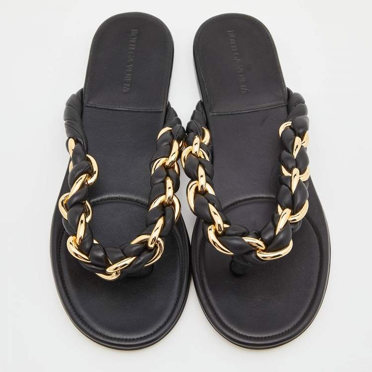 Pre Owned Bottega Veneta Black Leather Dot 55 Thong Flats Size 40