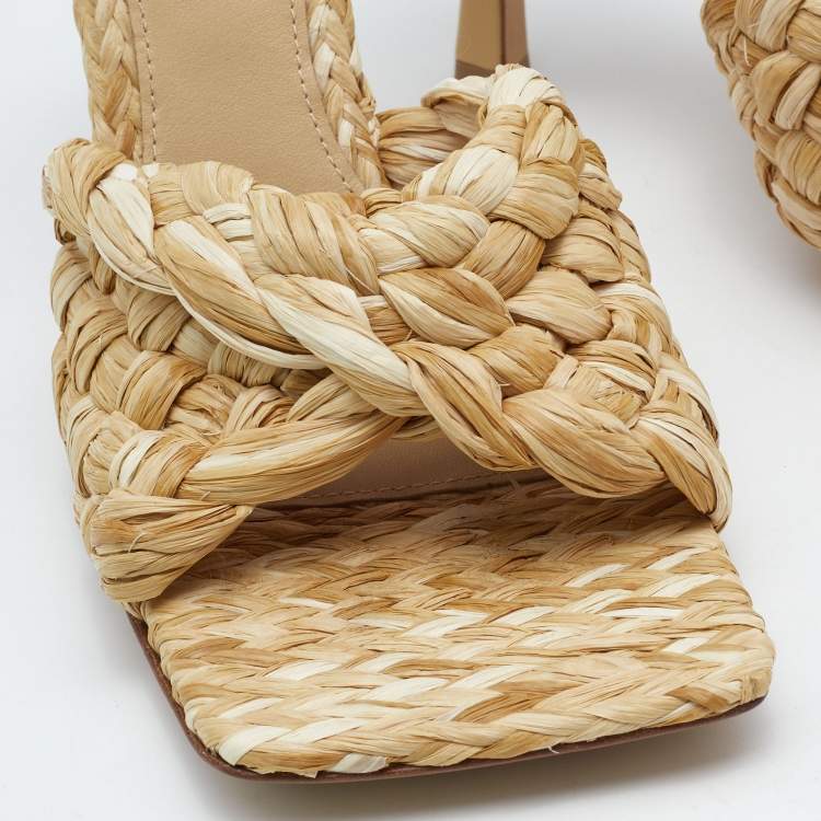 Pre Owned Bottega Veneta Beige Raffia Lido Slide Sandals Size 38