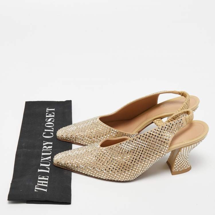 Pre Owned Bottega Veneta Beige Crystal Embellished Suede Slingback Pumps Size 38