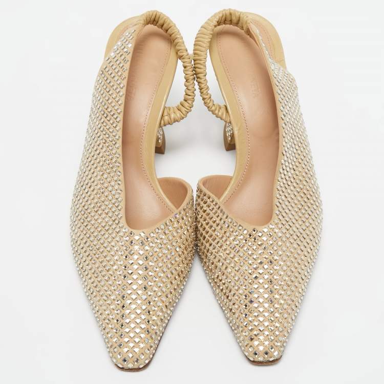 Pre Owned Bottega Veneta Beige Crystal Embellished Suede Slingback Pumps Size 38