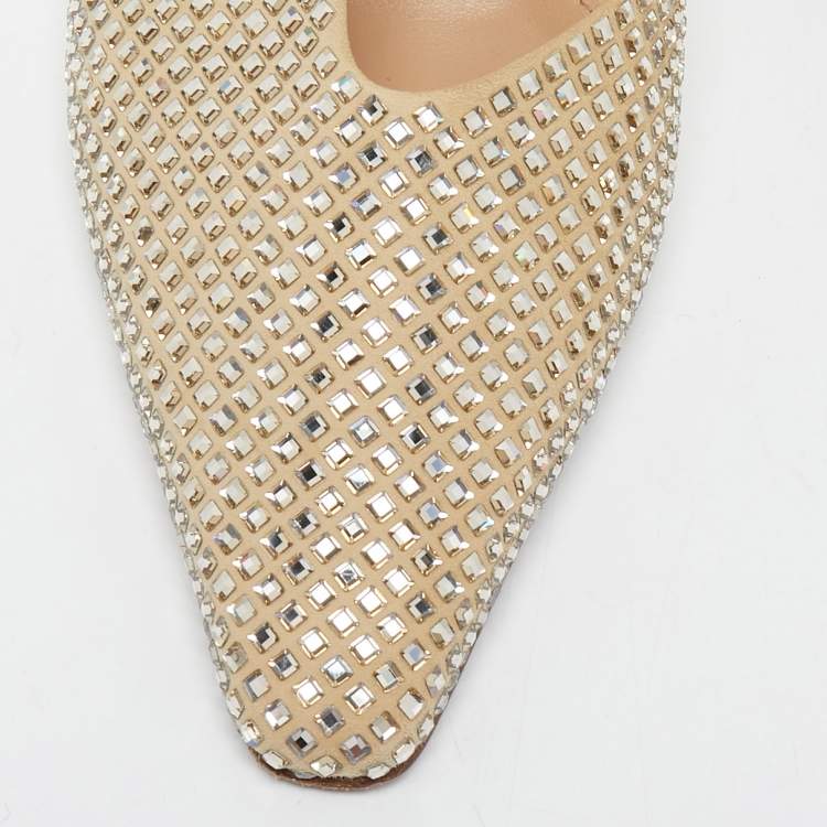 Pre Owned Bottega Veneta Beige Crystal Embellished Suede Slingback Pumps Size 38