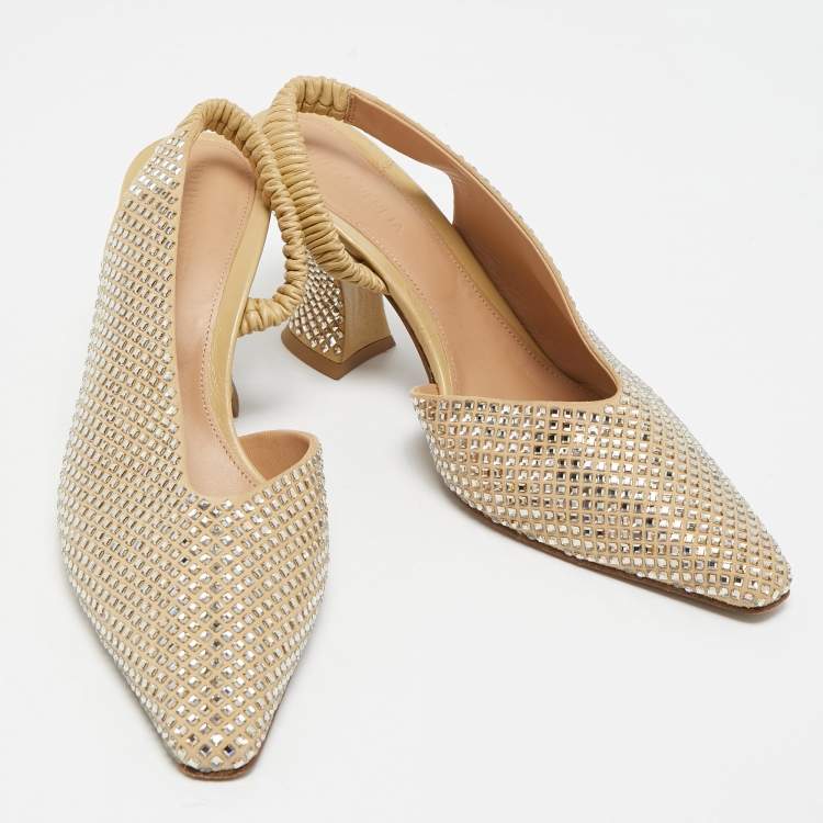 Pre Owned Bottega Veneta Beige Crystal Embellished Suede Slingback Pumps Size 38