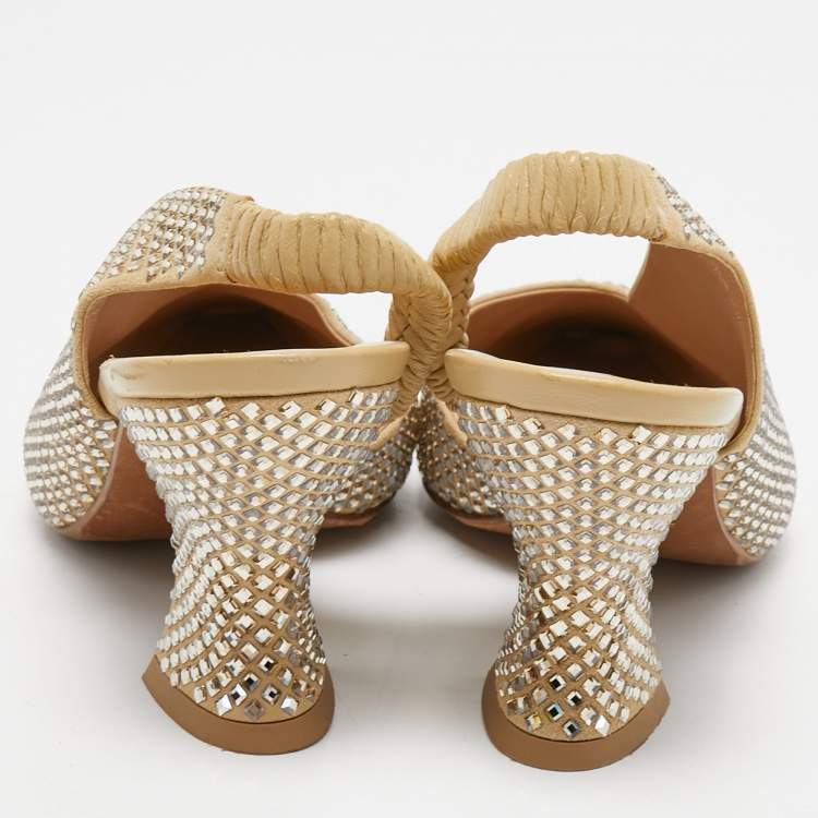 Pre Owned Bottega Veneta Beige Crystal Embellished Suede Slingback Pumps Size 38