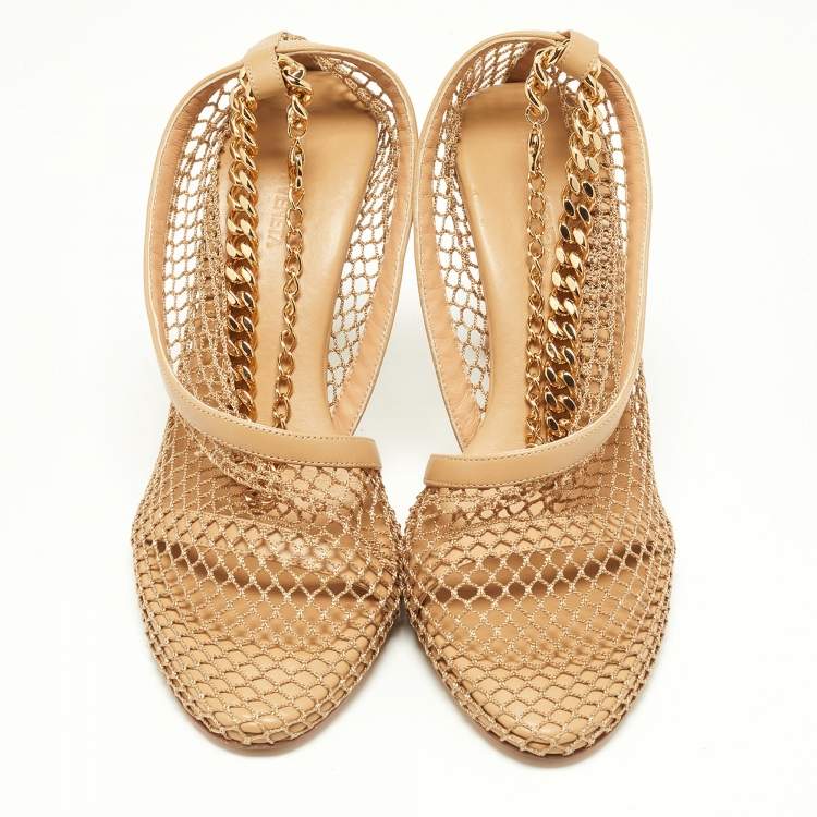 مملوكة مسبقًا Bottega Veneta Beige Mesh and Leather Chunky Chain Ankle Strap Pumps Size 39.5