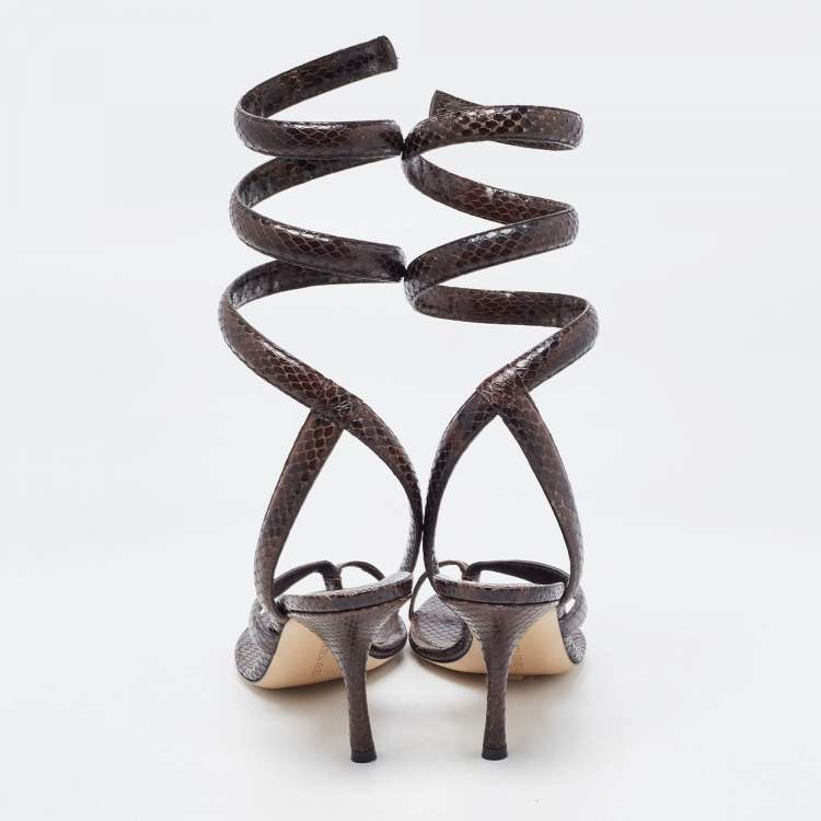 Pre Owned Bottega Veneta Brown Python Embossed Leather Spiral  Ankle Wrap Sandals Size 40