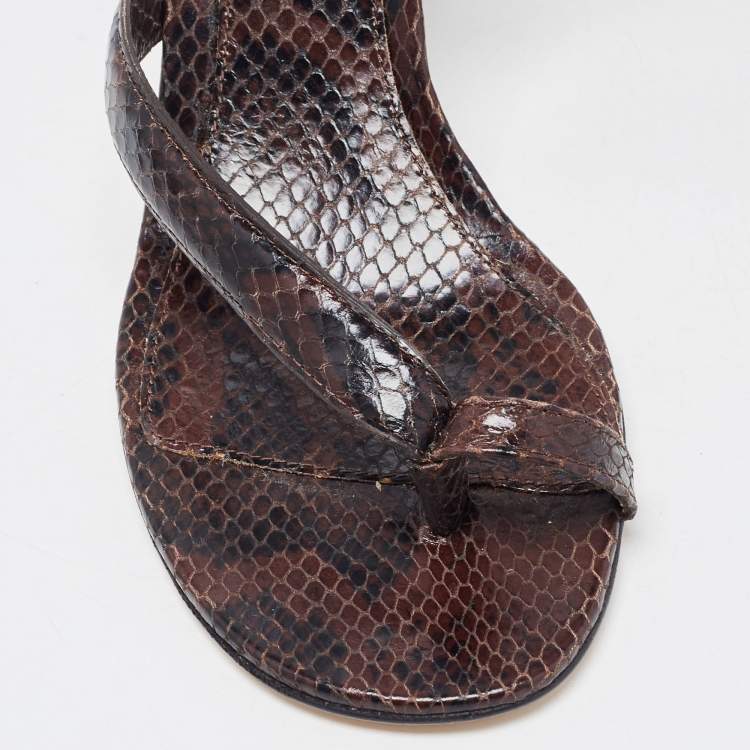 Pre Owned Bottega Veneta Brown Python Embossed Leather Spiral  Ankle Wrap Sandals Size 40