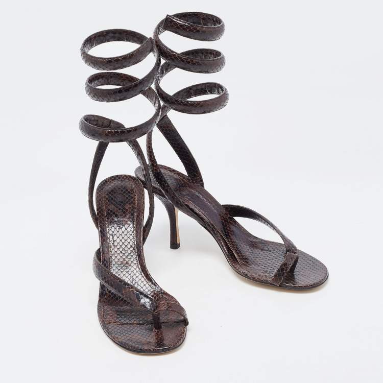 Pre Owned Bottega Veneta Brown Python Embossed Leather Spiral  Ankle Wrap Sandals Size 40