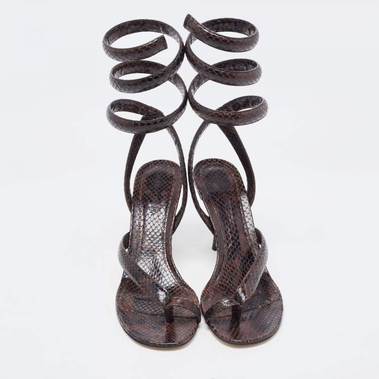 Pre Owned Bottega Veneta Brown Python Embossed Leather Spiral  Ankle Wrap Sandals Size 40