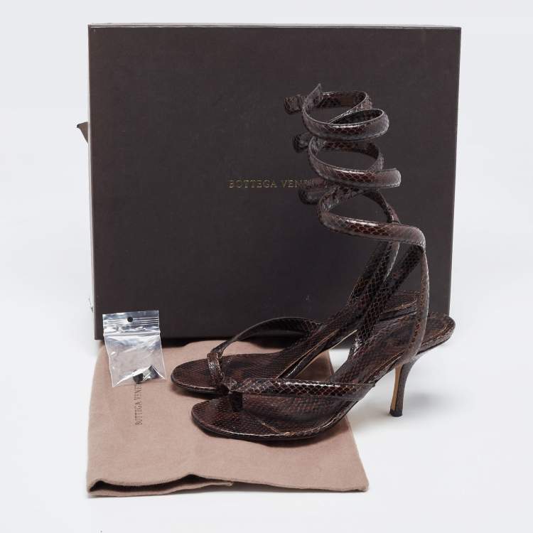 Pre Owned Bottega Veneta Brown Python Embossed Leather Spiral  Ankle Wrap Sandals Size 40