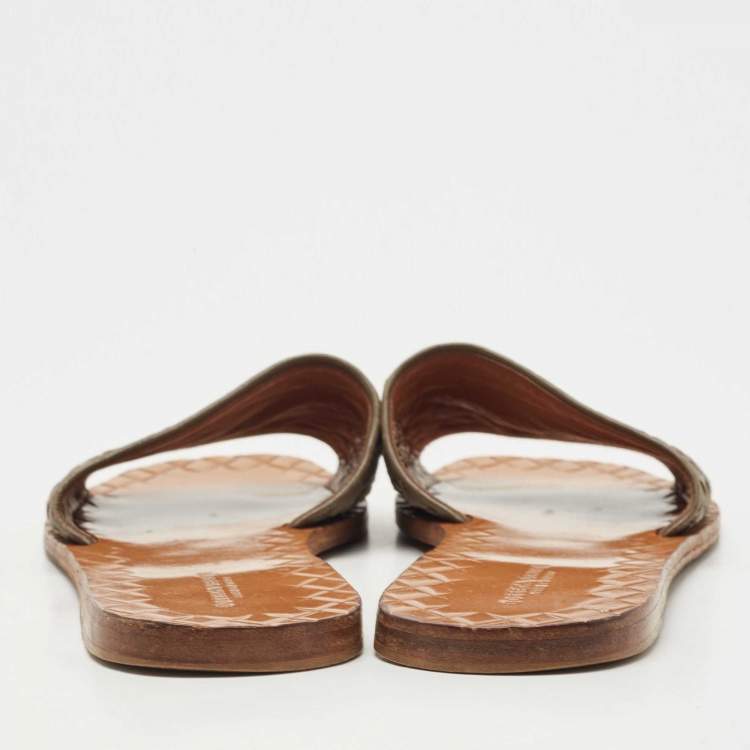 Pre Owned Bottega Veneta Brown Intrecciato Leather Flat Slides Size 39