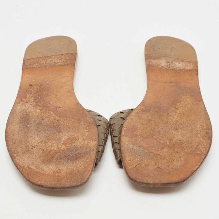 Pre Owned Bottega Veneta Brown Intrecciato Leather Flat Slides Size 39