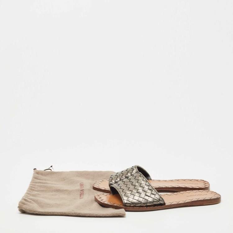 Pre Owned Bottega Veneta Metallic Bronze  Intrecciato  Leather Flat Slides Size 38