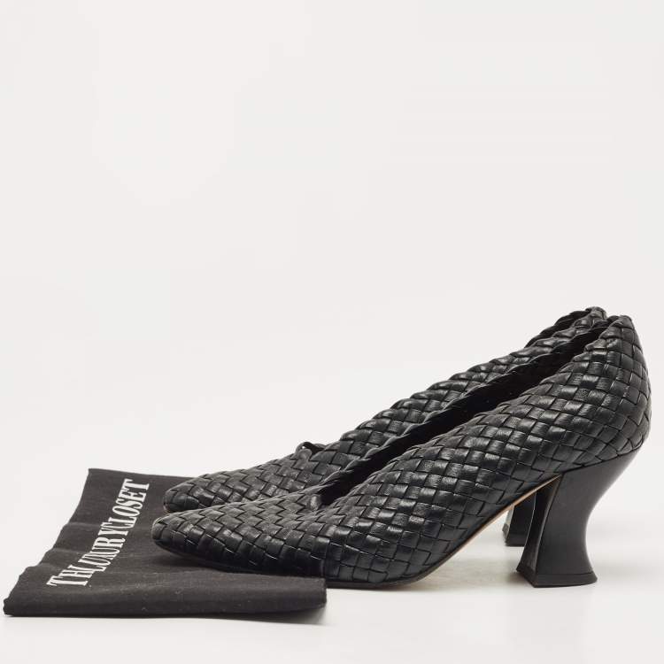 Pre Owned Bottega Veneta Black Leather Intrecciato Block Heel Pumps Size 37