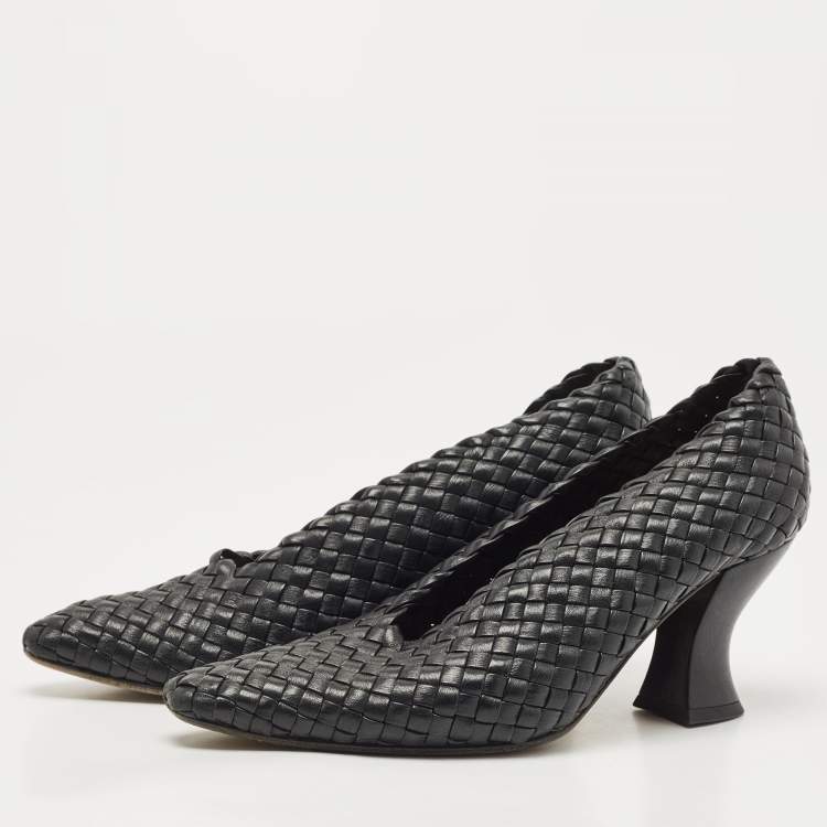Pre Owned Bottega Veneta Black Leather Intrecciato Block Heel Pumps Size 37