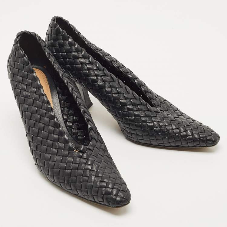 Pre Owned Bottega Veneta Black Leather Intrecciato Block Heel Pumps Size 37