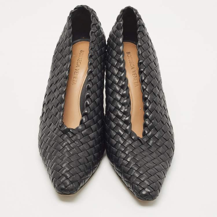 Pre Owned Bottega Veneta Black Leather Intrecciato Block Heel Pumps Size 37