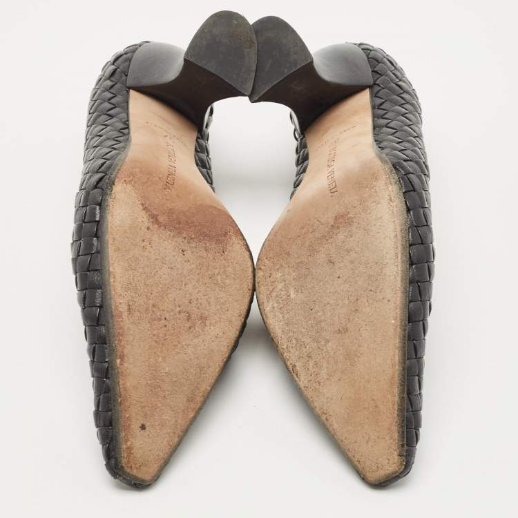 Pre Owned Bottega Veneta Black Leather Intrecciato Block Heel Pumps Size 37