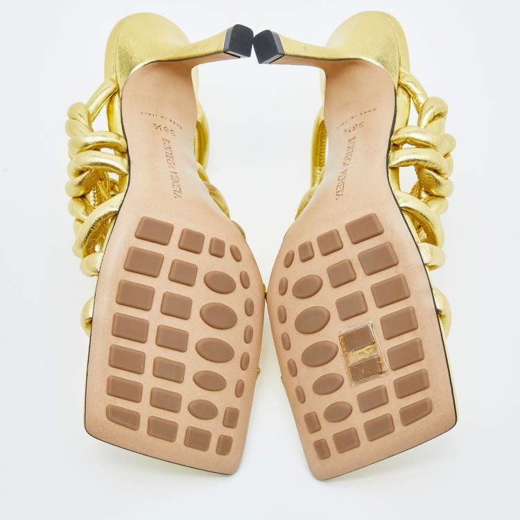 Pre Owned Bottega Veneta Gold Laminated Leather Stretch Twist Kitten Heel Mules Size 36.5