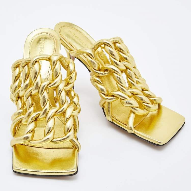 Pre Owned Bottega Veneta Gold Laminated Leather Stretch Twist Kitten Heel Mules Size 36.5