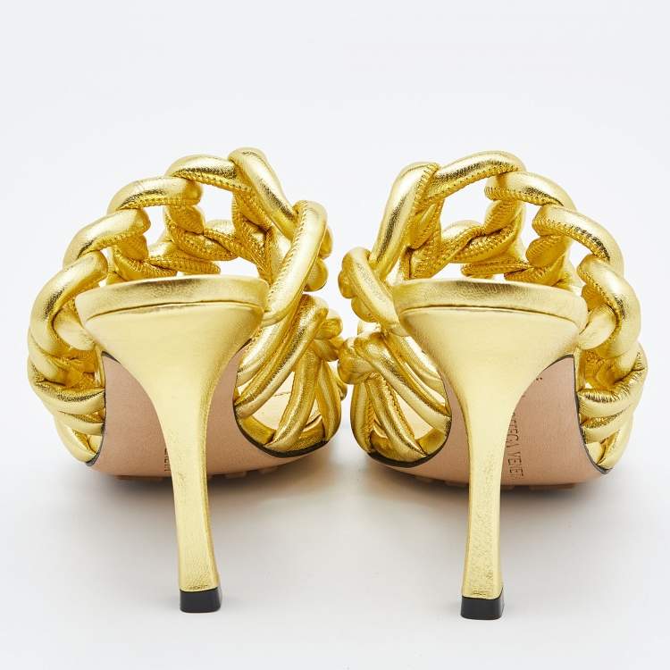 Pre Owned Bottega Veneta Gold Laminated Leather Stretch Twist Kitten Heel Mules Size 36.5
