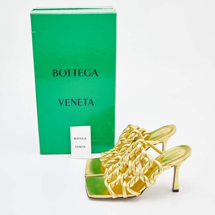 Pre Owned Bottega Veneta Gold Laminated Leather Stretch Twist Kitten Heel Mules Size 36.5
