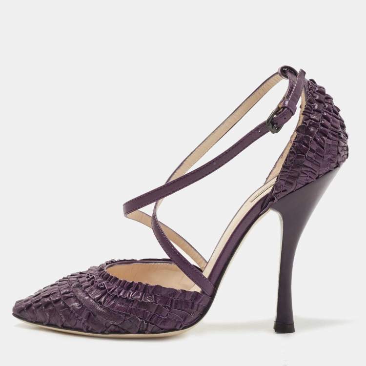 Pre Owned Bottega Veneta Purple Leather Textured Cross Strap Pumps Size 37