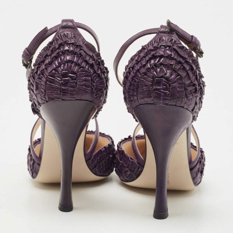 Pre Owned Bottega Veneta Purple Leather Textured Cross Strap Pumps Size 37