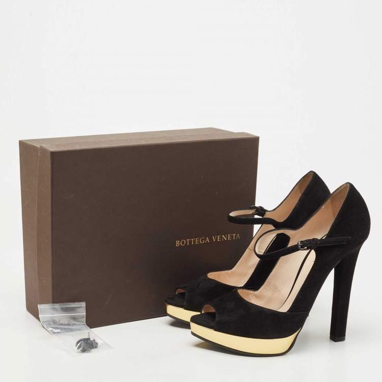 Pre Owned Bottega Veneta Black Suede Mary Jane Peep Toe Platform Pumps Size 40.5