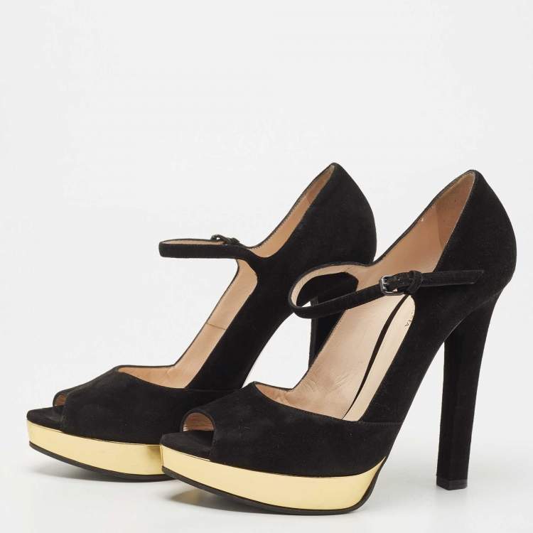 Pre Owned Bottega Veneta Black Suede Mary Jane Peep Toe Platform Pumps Size 40.5