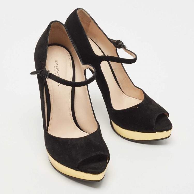 Pre Owned Bottega Veneta Black Suede Mary Jane Peep Toe Platform Pumps Size 40.5
