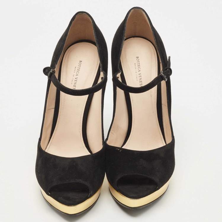 Pre Owned Bottega Veneta Black Suede Mary Jane Peep Toe Platform Pumps Size 40.5