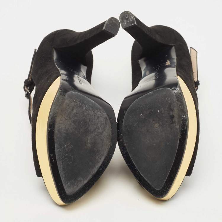 Pre Owned Bottega Veneta Black Suede Mary Jane Peep Toe Platform Pumps Size 40.5