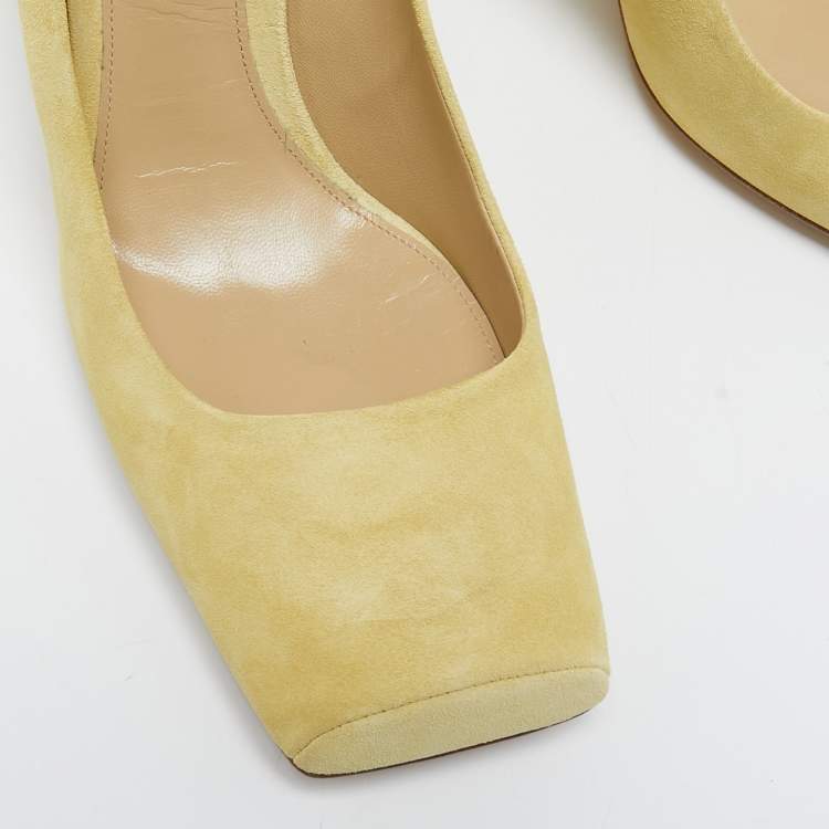 Pre Owned Bottega Veneta Yellow Suede Square Toe Block Heel Pumps Size 39