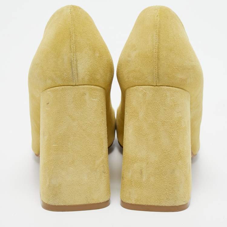 Pre Owned Bottega Veneta Yellow Suede Square Toe Block Heel Pumps Size 39