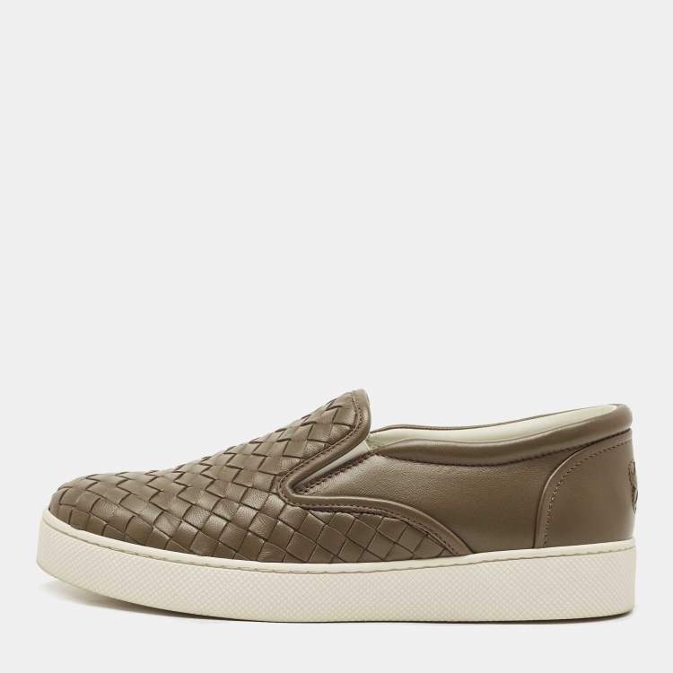 Pre Owned Bottega Veneta Dark Green Intrecciato Leather Dodger Slip on Sneakers Size 37
